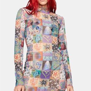 The Ragged Priest Memories Multicolor Graphic Mesh Long-Sleeve Dress
